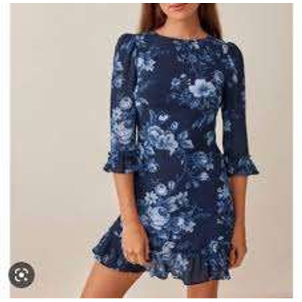 Reformation Doutzen Dress 12 Blue Floral Lottie Ruffle Hem Mini Party Preppy